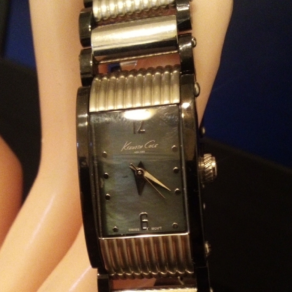 Kenneth Cole Two-Tone Silver and Black Rectangular Dial Bracelet Watch - Picture 6 of 7